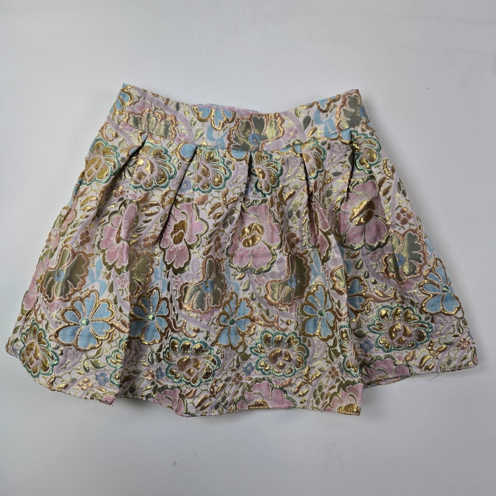 Monsoon Skirt Girls 5-6 Pink Gold Floral Metallic Brocade Pleated Party Holiday